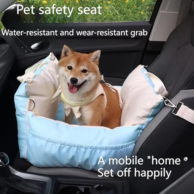 Cat Dog Pet Car Mat, Car Seat for Small Dogs, Detachable Washable Dog Booster Seat, Pet Car Seat Travel Bed, with Storage Pockets and Dog Safety Belt for Small Medium Dog Blue
