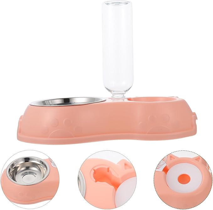 Automatic Pet Food and Water Dispenser Double Bowl Detachable Feeder Pink for Cats and Dogs, Pet Feeding Tool with Water Bottle, Suitable for Home Use