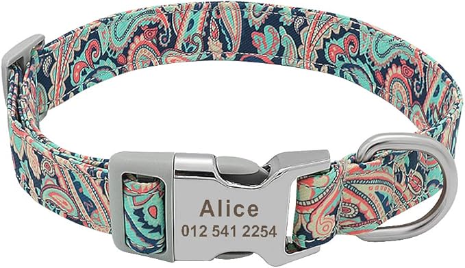 Custom Dog Collar Nylon Floral Engraved Pet Puppy Collar Print Personalized Name Collars for Small Medium Large Dogs Pitbull Green 6 S