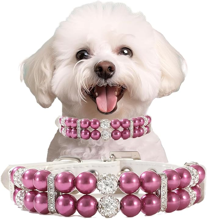 Purple Pearl Small Dogs, Pearl Cat Collar Pu Leather Puppy Necklace with Crystal Rhinestone Diamond Adjustable for Girl Kitten XXSmall Small Medium Female Dogs Wedding & Birthday Party, XS