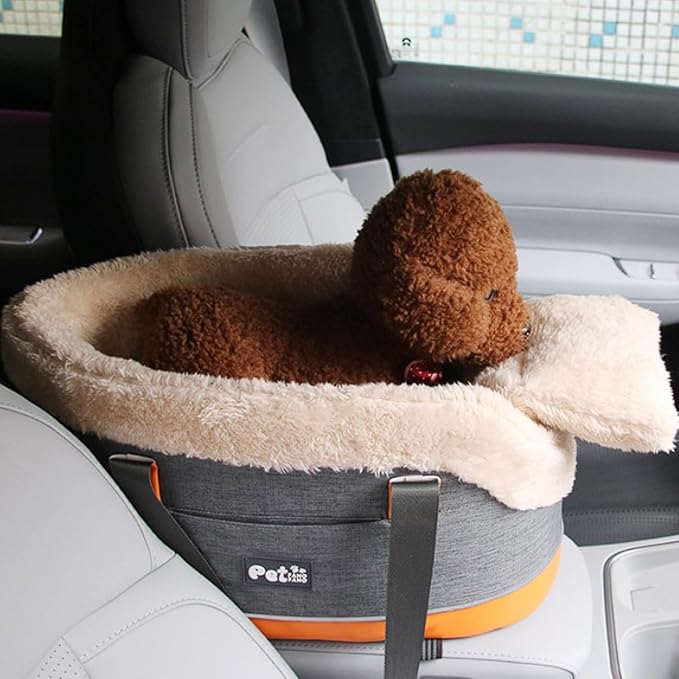 Pet Car Center Console Elevated Armrest Car Seat for Small Puppy, Dogs & Cats (Up to 10 lbs) – Dark Gray Washable Plush Carrier with Safety Leash, Fits Front Vehicle Console Space