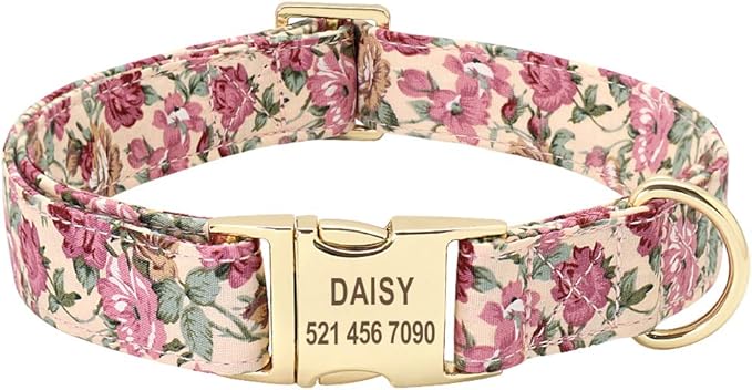 Personalized Floral Dog Collar and Leash Set Custom Small Medium Large Dog Pet ID Collar Lead Flower Print Dog Engraved Collars Beige Collar S