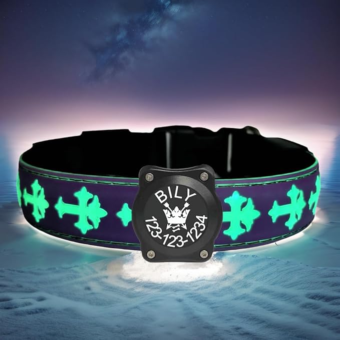 Subversive USB-C led Light up Dog Collar,3D Cross Design Comfortable and Soft Material,Multicolored Lighting (Purple with airtag Holder, L(15.7-19.7"))