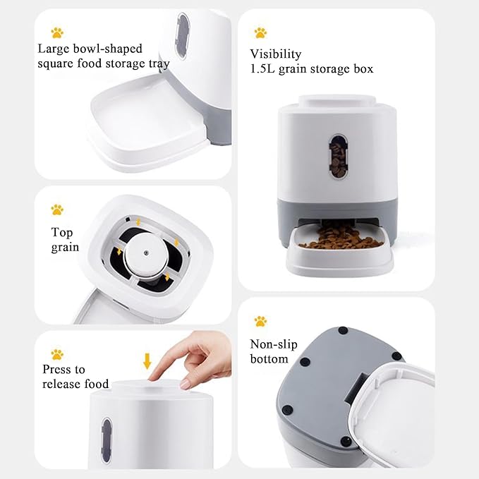 Dog Food Dispenser - 1.5L Press Automatic Cat Feeder with Integrated Bowl, Slow Feeding Station, Interactive Enrichment Toy, Gravitys Flow Kibble Organizer for Small Medium Puppy Kitten