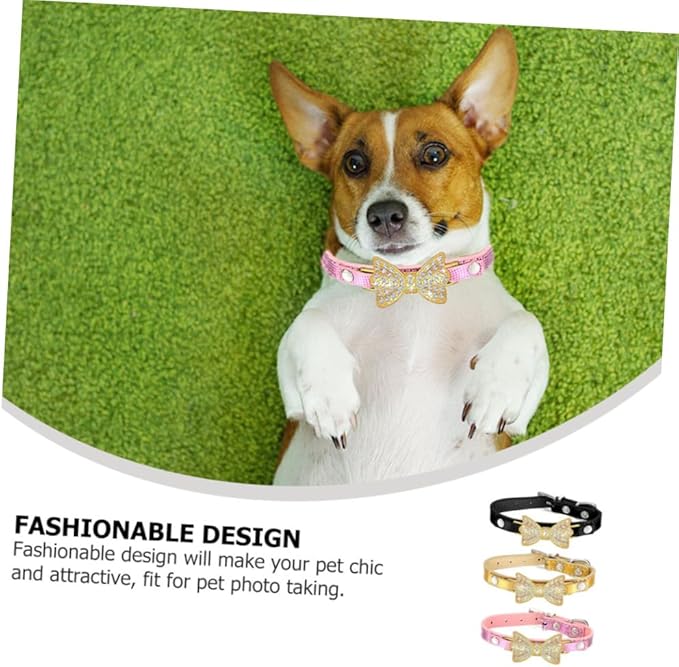 ERINGOGO 3Pcs PU Rhinestone Bowknot Pet Collar Set Small Size Mixed Colors Decorative Bow Pet Neck Collar for Dogs and Cats for Daily Wear