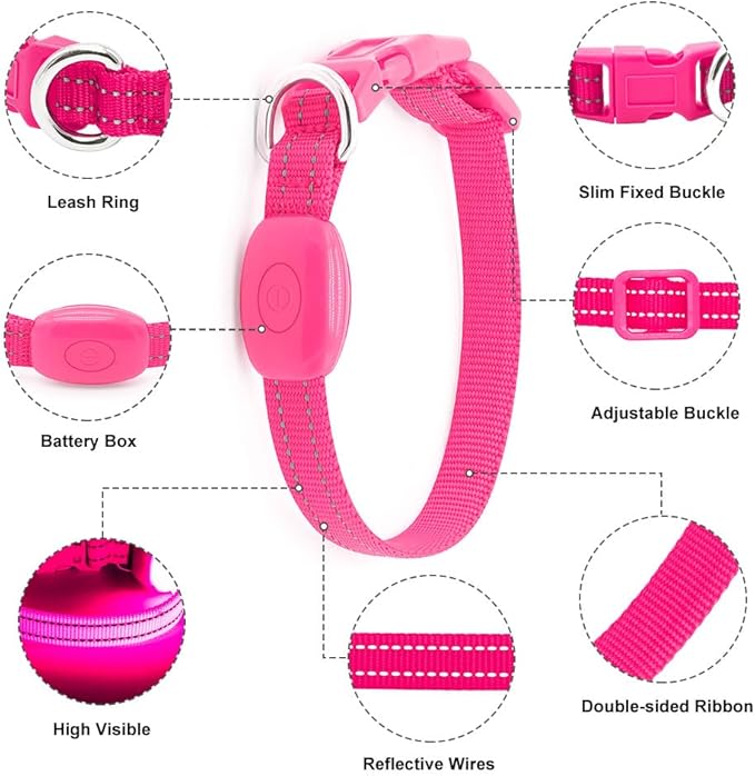 Light Up Dog Collar for Small Dogs - LED Dog Collar Rechargeable Adjustable Puppy Collars, Glow in The Dark Dog Lights for Night Walking & Camping (X-Small, Pink)