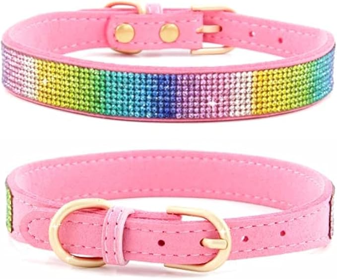 Haoyueer Rhinestone Dog Collar,Cute Dazzling Sparkling Soft Suede Leather Dog Cat Rhinestone Collar Crystal Diamond Pet Dog Puppy Collar (M,Pink-3),one size