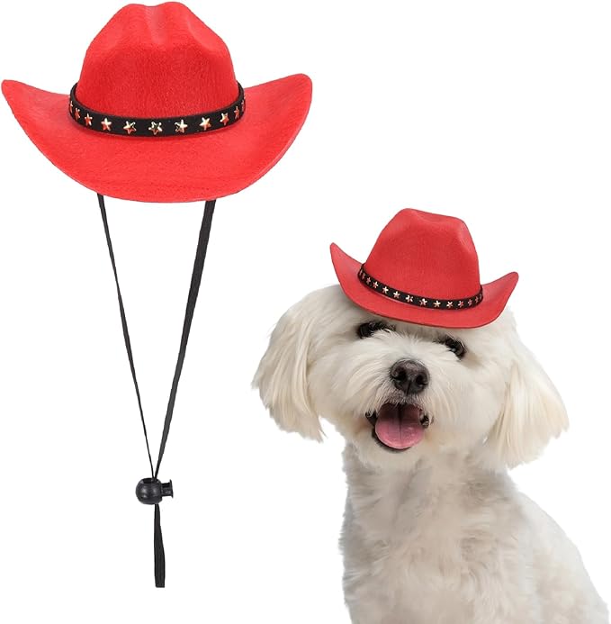 Dog Cowboy Hat, Mini Cowboy Hat for Pet with Chin Strap Adjustable Cosplay Cap, (Red, M), Intended for Dogs and Cats/Halloween Costume/Party Decoration