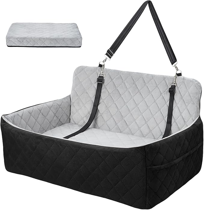 Dog Car Seat for Large Dogs Up to 55 lbs, Pet Booster Seat with Memory Foam, Non-Slip Washable Dog Car Bed with 2 Safety Leashes & Storage Pockets for SUV & Sedan