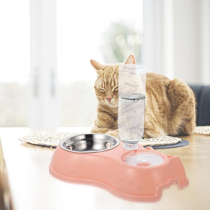 Automatic Pet Food and Water Dispenser Double Bowl Detachable Feeder Pink for Cats and Dogs, Pet Feeding Tool with Water Bottle, Suitable for Home Use