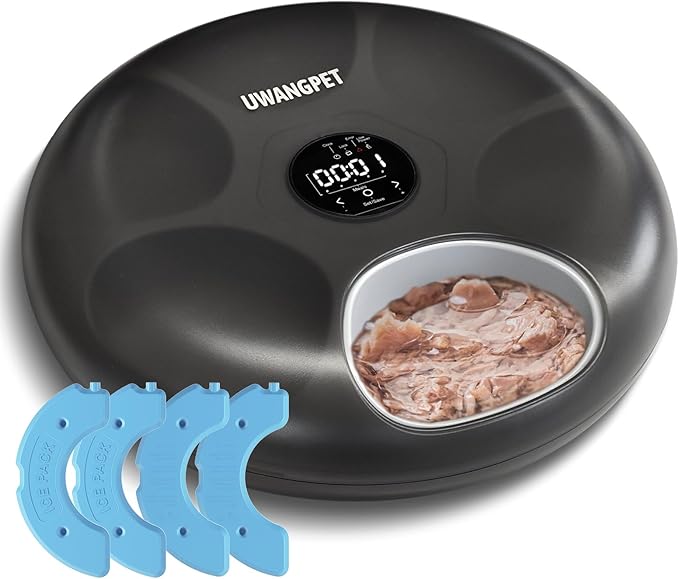 Wireless Automatic Cat Feeder with 4 Ice Packs,6-Compartment Feeding Tray,Rechargeable High-Capacity Battery Timer Cat Feeder,for Cats and Small Dogs - Black