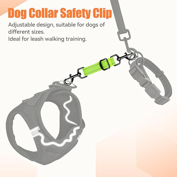 Dog Collar Safety Clip, Adjustable Backup Safety Strap, Double-Ended Leash Connector, High Reflectivity, Suitable for Dog Harnesses to Collar Safety Clips (Neon Green)