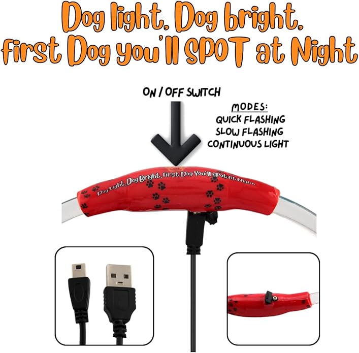 Dog Collar Light, Adjustable & USB Rechargeable, Water resistant, 3 light modes. Keep your Dog visible & safe at night, during walks. Suitable for all Pets, even people