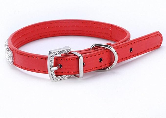 Lakke 3 Rows Luxury Crystal Rhinestone Leather Dog Collar Buckle Puppy Necklace Collars for Small Medium Dogs Rose Pink Red Blue 20E red XS
