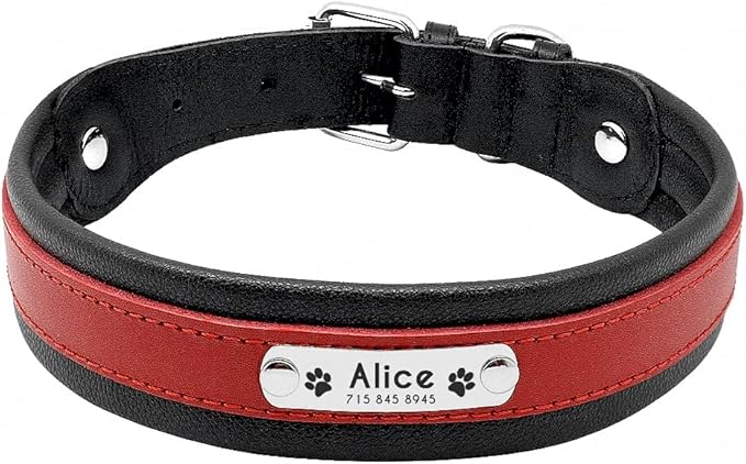 Large Dog Collar Genuine Leather Dog Collar Personalized Pet Name ID Collar Padded Customized for Medium Large Dogs Red M