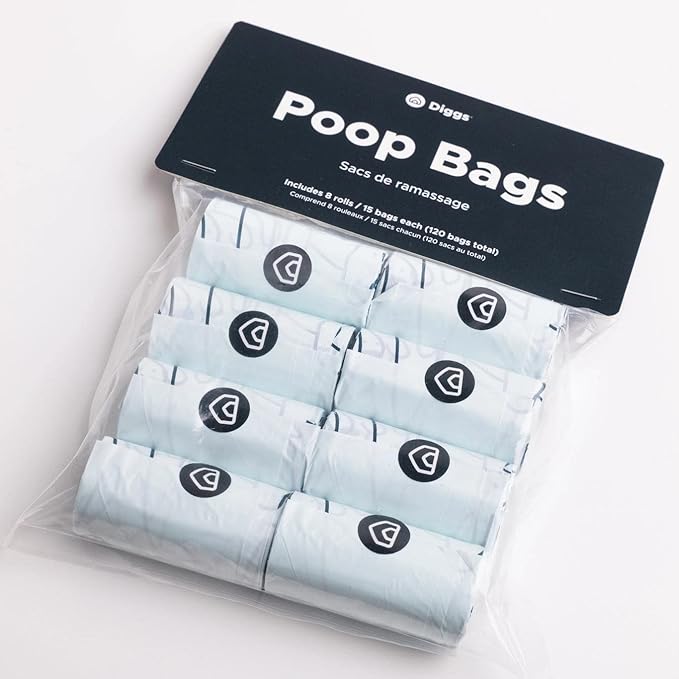 Diggs Dog Poop Bags (8-Rolls) - Durable & Odor Resistant Pet Waste Bags Refill Pack - One-Hand Dispensing, Innovative No-Tear Pet Products - 120 Bag Count