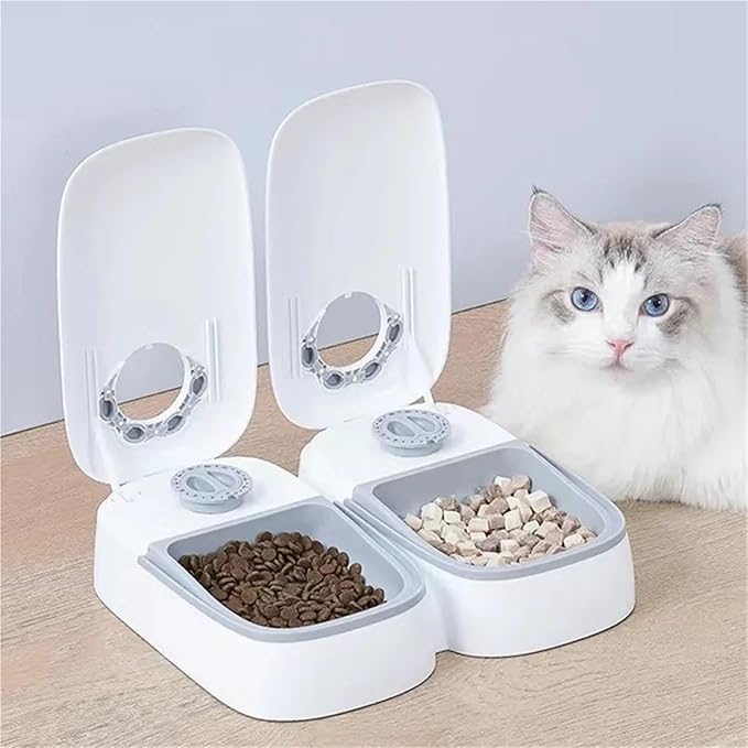 Automatic Pet Feeder with Timer - Large Capacity Electric Dog & Cat Food Feeder with Double Dish Bowl(Single Grey)