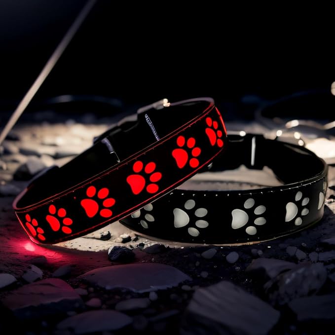 LED Dog Collar with Paw Print Design, 15 Light Modes, Waterproof, Includes Bone-Shaped Name Tag, Multiple Colors (Black, S(7.87-11.8"))