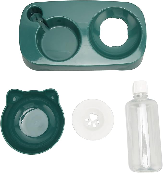 Dog Cat Bowl with Automatic Water Dispenser Bottle, Automatic Water Feeder Food Dish Set Cat Food Water Bowl Set for Dogs Cats (Dark Green)