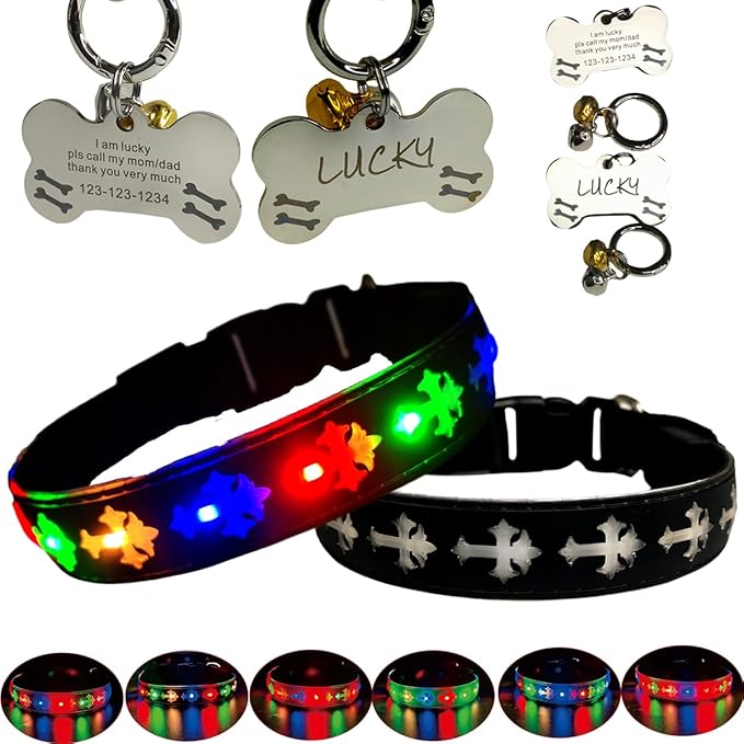 LED Dog Collar with ID Tag Set, Glowing Cross Pattern, Multiple Colors, Silicone Material (Black Pro, L(15.7-19.7"))