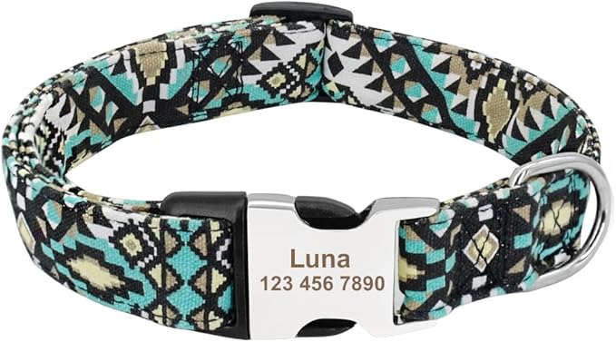 Personalized Dog Collar Nylon Print Dog Collars Customized Puppy Pet Collar Engraved Name ID for Small Medium Large Big Dogs Pug 019 Blue Black L