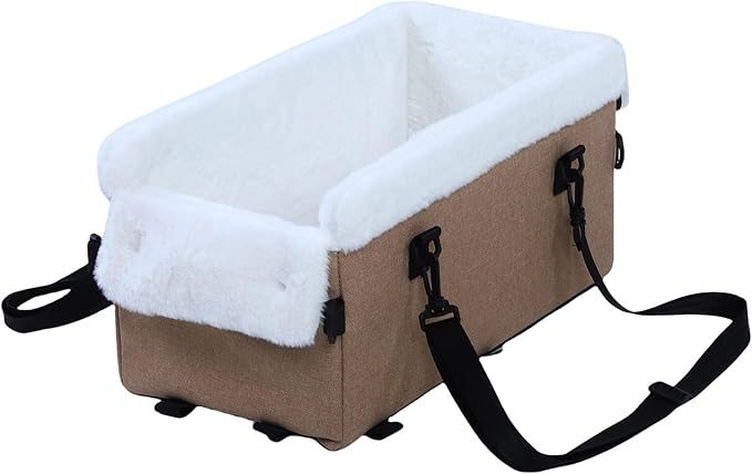 Rengue Portable Dog Car Seat, Soft Polyester Material, Secure Tether and Removable Cushion, Ideal Travel Bed for Small Dogs and Cats in Cars and SUVs (Khaki)