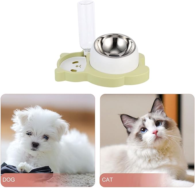 TOYANDONA Multi-Function Pet Feeder Bowl with Stainless Steel Cat Dog Food Holder and Automatic Water Dispenser, Splash-Resistant Green Bowl for Indoor Pets and Kittens