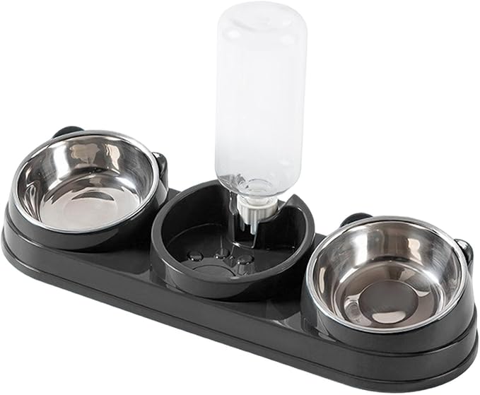Triple Cat Bowls Pet Feeder with Water Dispenser 15° Tilted Wet and Dry Food Bowl Set for Small Dogs and Cats- Dark Gray