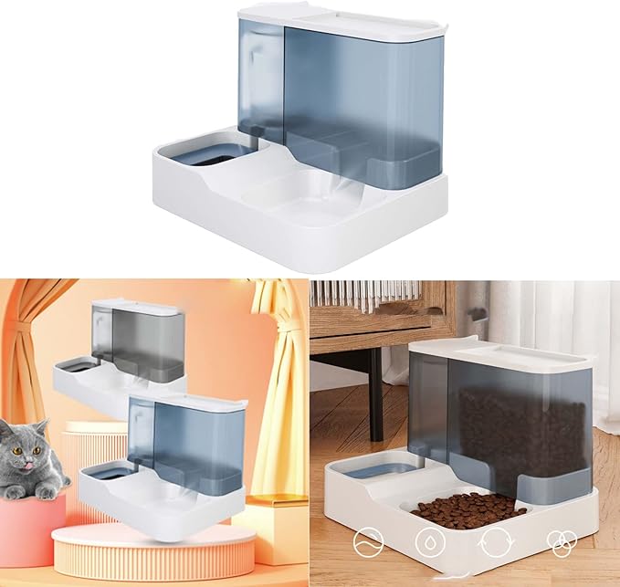 Automatic Dog Water Food Feeder, One Piece Design, Wet and Dry Separation with Transparent Window Large Capacity for Short Term Travel, Pet Water Food Dispenser (Blue)