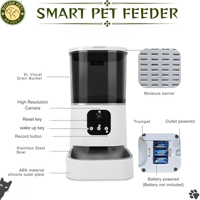 ROGER PET Smart Automatic Pet Feeder with Camera and Dispenser, Wi-Fi Automatic Cat Feeder with APP Control and Timer, Two Way Audio Video Clear Night Vision, Automatic Dog Feeder - Pet Supplies.
