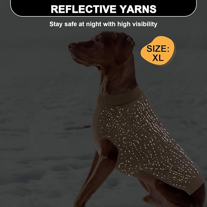 XL Dog Sweater, Classic Cable Knit Warm Dog Sweatshirt with Reflective Yarn for Girl Boy, Halloween Fall Winter Coat Turtleneck Pullover Clothes Apparel for Small Medium Large Dogs, Khaki XL