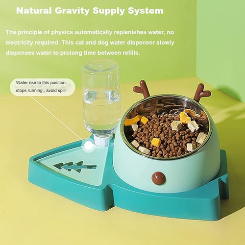 2-in-1 Double Dog Cat Bowls, Pet Water and Food Bowl Set, 320ml Automatic Water Dispenser Detachable Stainless Steel Bowl No-Spill Dog Waterer, Pet Feeder Auto Pets Waterer for Cat and Small Dog