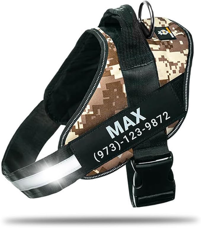 Personalized No-Pull Dog Harness with Name Patch, Adjustable, Reflective, Padded, Heavy Duty Pet Vest to Prevent Tugging, Pulling, or Choking, Training and Walking, Military Desert, XS