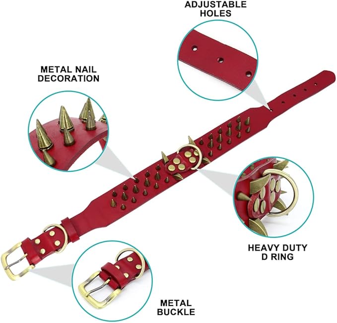 Spiked Studded Leather Dog Collars Wide Sharp Pitbull Big Dog Collar Adjustable for Medium Large Dogs Boxer Bulldog Red L XL