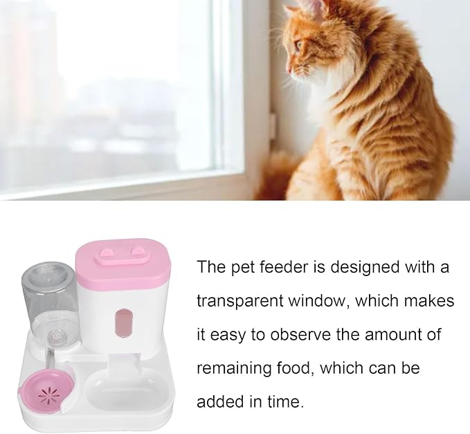 Automatic Pet Food & Water Container 2 in 1 | 2L Food + 1L Water Large Capacity | Detachable Cat Feeder/Dog Waterer | Safe PP Material, Visual Window Design (Pink)