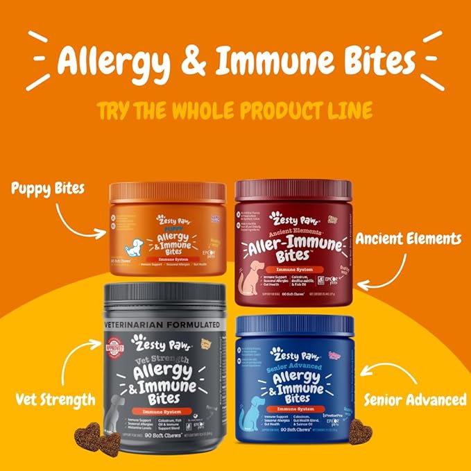 Zesty Paws Dog Allergy Relief - Anti Itch Supplement - Omega 3 Probiotics for Dogs - Stop Paw Licking - Soft Chews for Skin Health & Seasonal Allergies - with Epicor Pets - Senior - Salmon - 90 Count