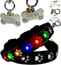 LED Dog Collar with Paw Print Design, 15 Light Modes, Waterproof, Includes Bone-Shaped Name Tag, Multiple Colors (Black Pro, S(7.87-11.8"))