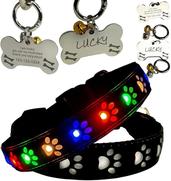 LED Dog Collar with Paw Print Design, 15 Light Modes, Waterproof, Includes Bone-Shaped Name Tag, Multiple Colors (Black Pro, XL(19.7-23.6"))