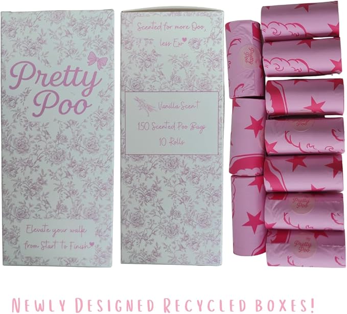 Pretty Dog Poop Bags - 150 Count, Certified Home Compostable, Leakproof, Extra Thick, Tear Resistant, Pink, Vanilla Scented, Sassy Santa