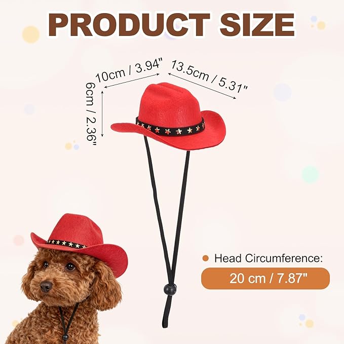 Dog Cowboy Hat, Mini Cowboy Hat for Pet with Chin Strap Adjustable Cosplay Cap, (Red, S), Intended for Dogs and Cats/Halloween Costume/Party Decoration