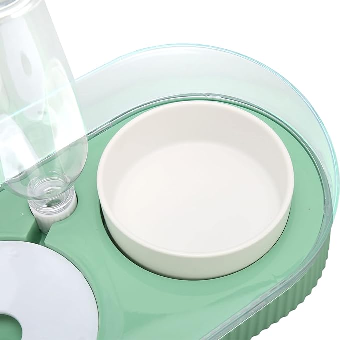 Elevated Dog Cat Bowls, Ceramic Water and Food Bowl Set with Automatic Waterer Bottle, 2 in 1 Cat Food Dispenser with Wet and Dry Food Bowl for Cats and Small Dogs Kitten Puppy(Green)