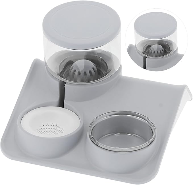 Pet Water Dispenser and Food Bowl Set, 1.8L Automatic Water Dispenser with Detachable Bowl, PPPET Material, Non Slip Base, Convenient for Cats and Small Dogs (Roof Drinking Fountain Gray)