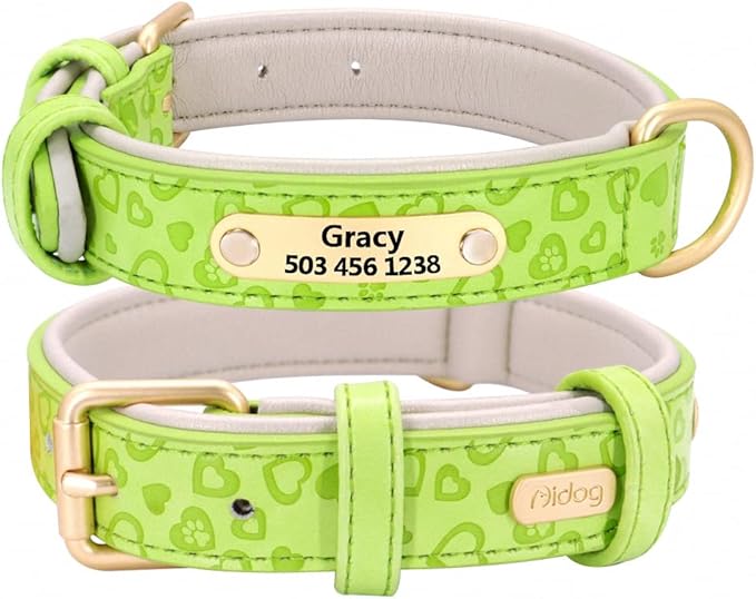 Personalized Dog Collar Soft Leather Custom Puppy Collar Printed Pitbull Collars Pets Products for Small Medium Large Dog Light Green XXL