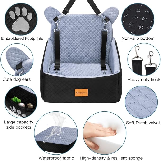 Dog car Seats for Small/Medium Dogs up to 33lbs- Washable, Waterproof, Dog Booster & car Seats with 2 Easy-Install Safety Belts, Non-Slip Base & Storage Pocket(Grey Black).