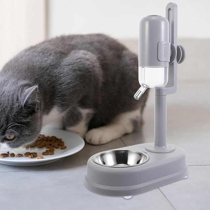 VALICLUD Automatic Dual Pet Feeder and Stainless Steel Water Bowl Rolling Ball Dispenser for Dogs and Cats, Hanging Cage Compatible, Adjustable Height Puppy and Kitten Water Station