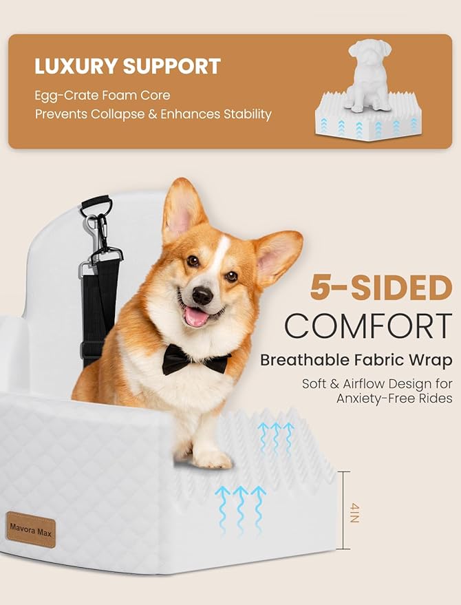 Dog Car Seat for Small/Medium Dogs, Elevated Dog Booster Seat Memory Foam Puppy Car Seat with Washable Cover, Travel Safety Pet Seat for Car with Storage Pockets Up to 35 lbs (White)