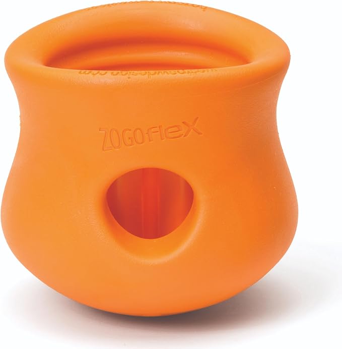 WEST PAW Zogoflex Toppl Treat Dispensing Dog Toy Puzzle – Interactive Chew Toys for Dogs – Dog Toy for Moderate Chewers, Fetch, Catch – Holds Kibble, Treats, Large 4", Tangerine