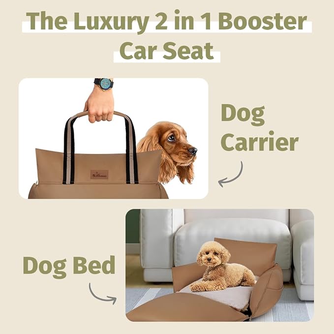 Car Seat | Waterproof Dog Booster for Car | Easy-to-Carry Dog Bed Up to 30 Lbs with Handles & Storage (Mocha)