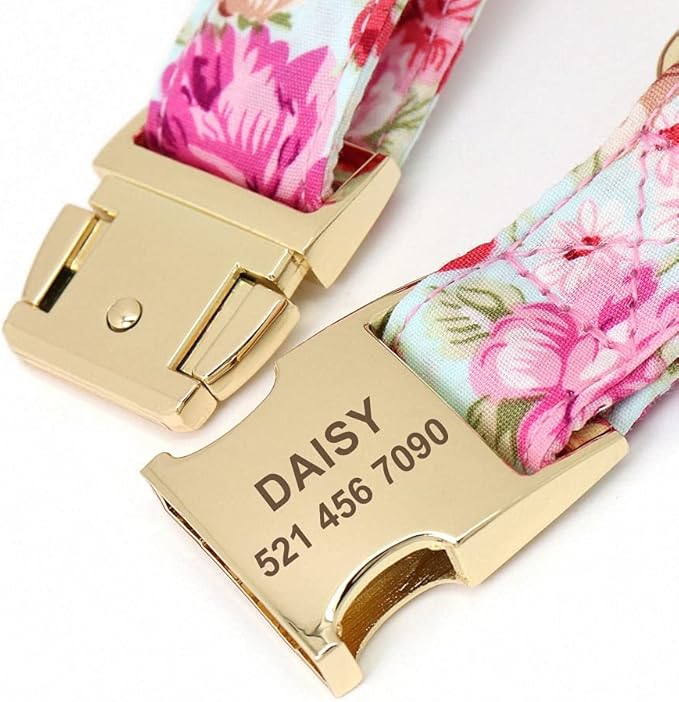Flower Dog Collar Leash Set Custom Small Medium Large Dog Pet Collars Floral Print Nylon Dog Collars with Treat Bag Snack Bag Pink Collar Leash S