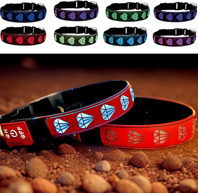 LED Dog Collar with Diamond Pattern, 15 Light Modes, with Bonus Pet ID Tag and Bell (RED, XL(19.7-23.6"))